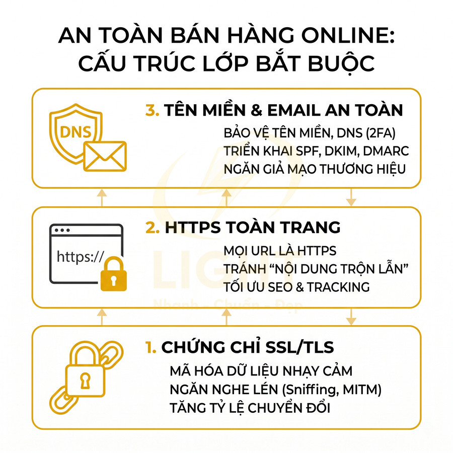Infographic hướng dẫn bảo mật bán hàng online với SSL TLS, HTTPS toàn trang và tên miền email an toàn