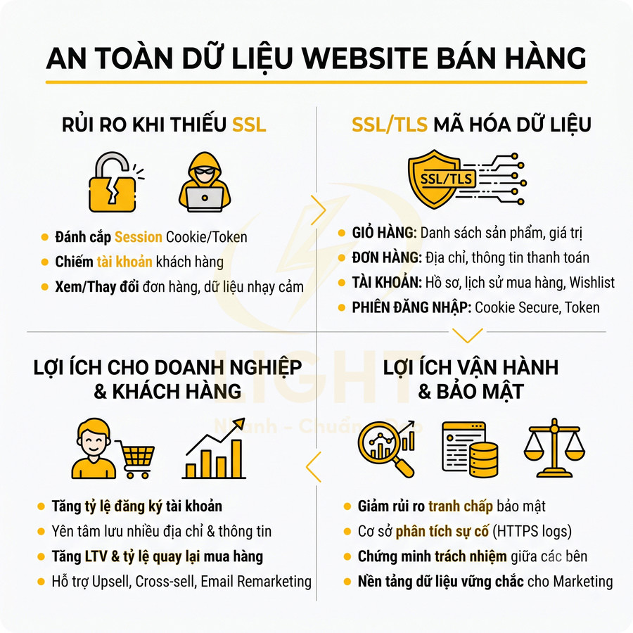 Infographic lợi ích SSL TLS cho website bán hàng, nêu rủi ro thiếu SSL và lợi ích cho doanh nghiệp, khách hàng, bảo mật
