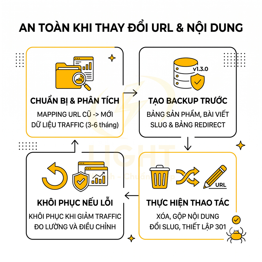 Quy trình an toàn khi thay đổi URL và nội dung website gồm chuẩn bị, backup, thao tác và khôi phục lỗi