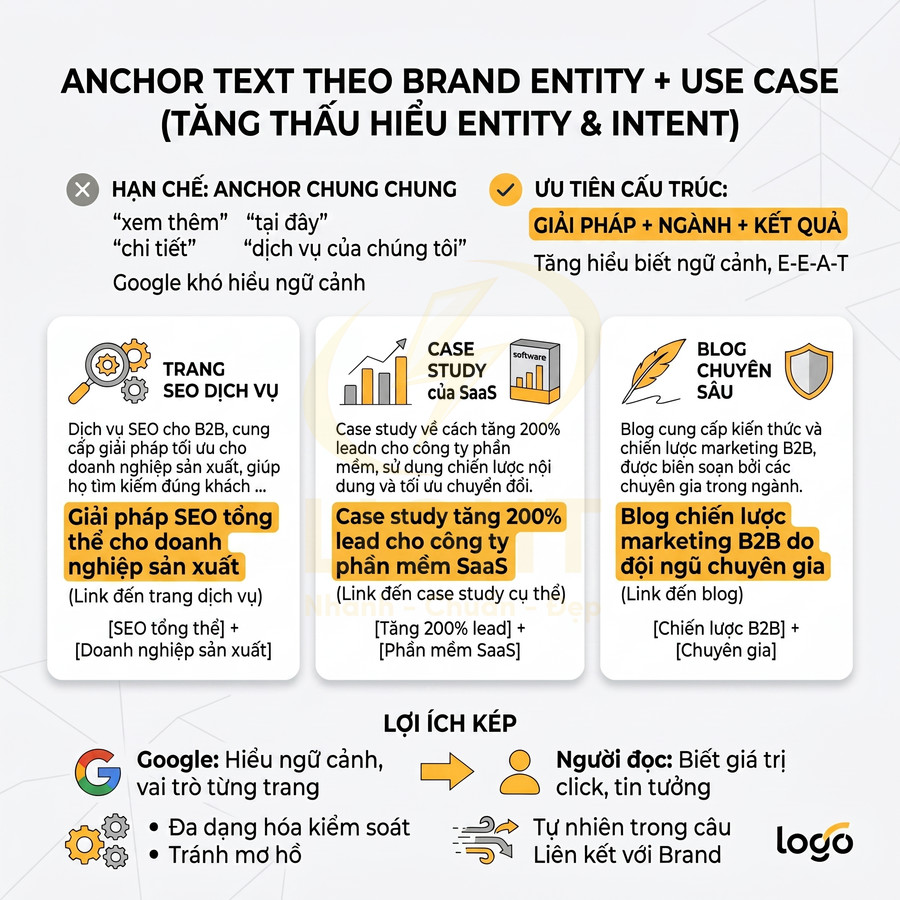 Infographic hướng dẫn tối ưu anchor text theo brand entity và use case cho SEO, nêu ví dụ trang dịch vụ, case study SaaS, blog chuyên sâu