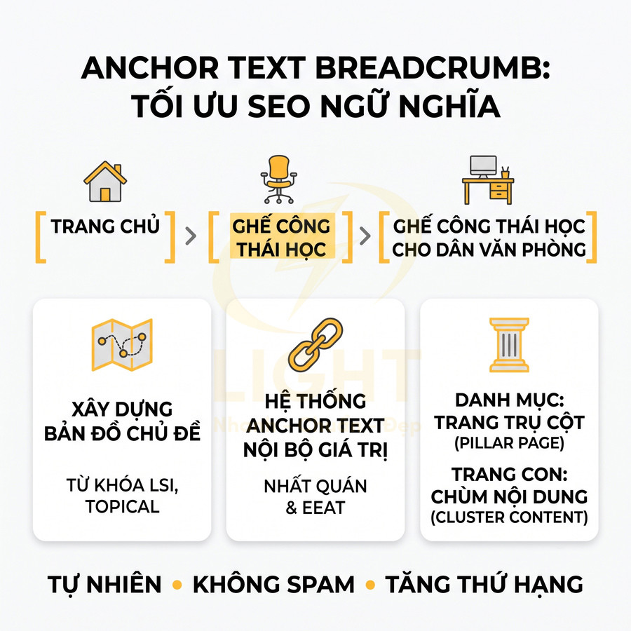 Mô hình breadcrumb anchor text cho danh mục ghế công thái học tối ưu SEO ngữ nghĩa