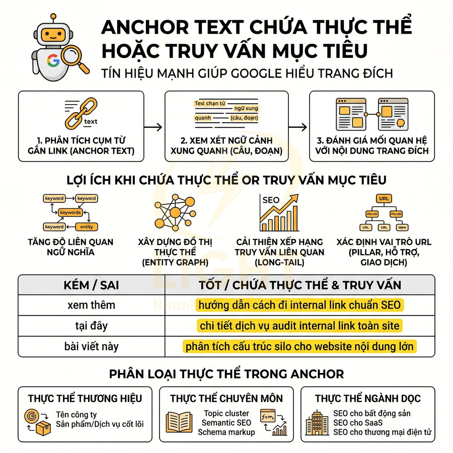 Infographic giải thích lợi ích anchor text chứa thực thể hoặc truy vấn mục tiêu trong tối ưu SEO internal link