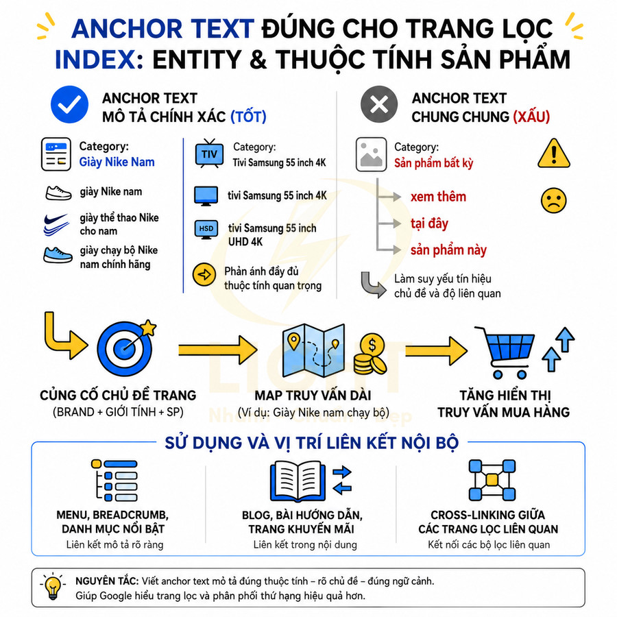 Infographic hướng dẫn tối ưu anchor text mô tả sản phẩm như giày Nike nam, tivi Samsung 55 inch 4K cho SEO nội bộ
