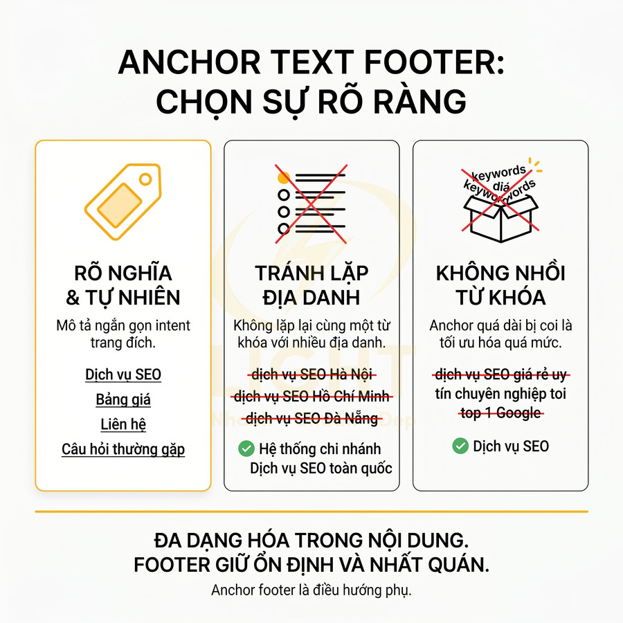 Hướng dẫn tối ưu anchor text footer trong SEO với tiêu chí rõ nghĩa, tránh lặp địa danh và không nhồi từ khóa