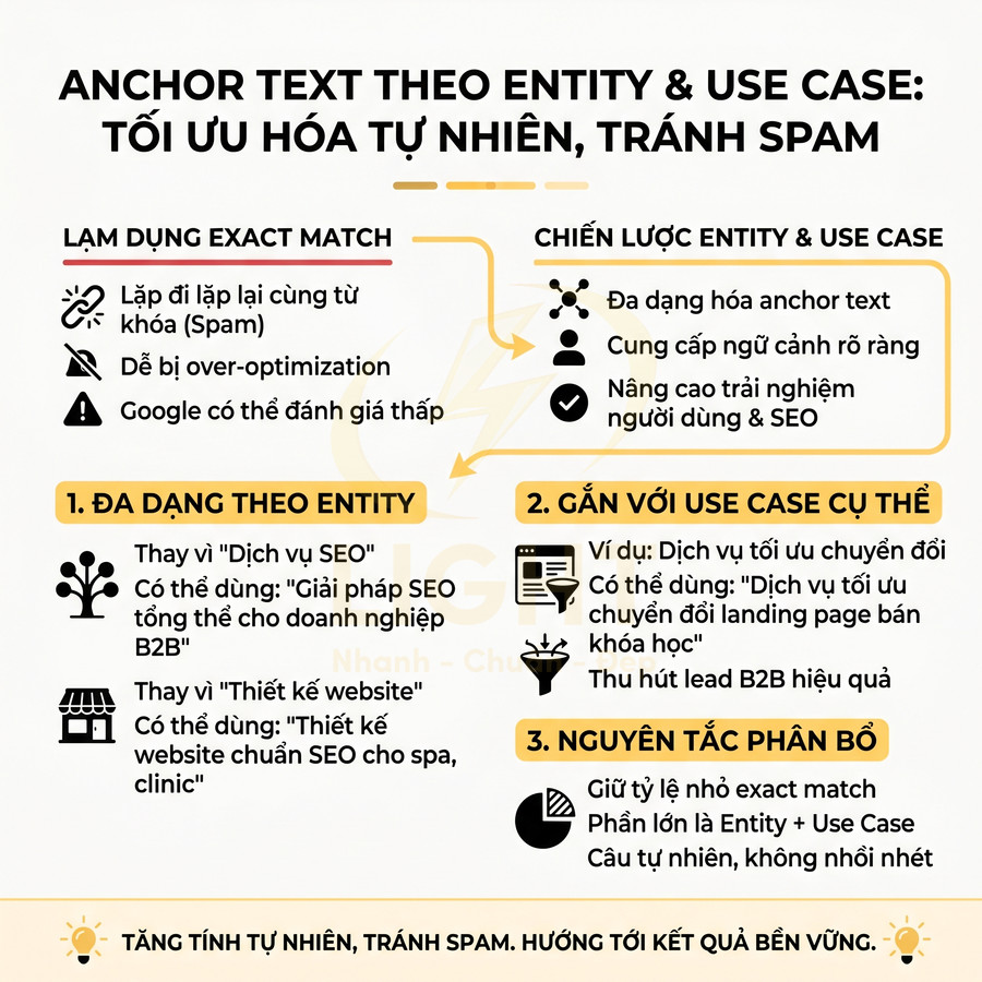 Infographic hướng dẫn tối ưu anchor text theo entity và use case để tăng tự nhiên, tránh spam trong SEO