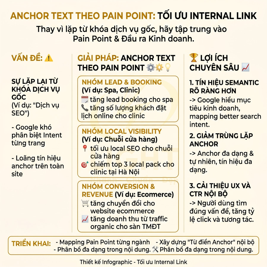 Infographic hướng dẫn tối ưu internal link bằng anchor text theo pain point trong chiến lược SEO