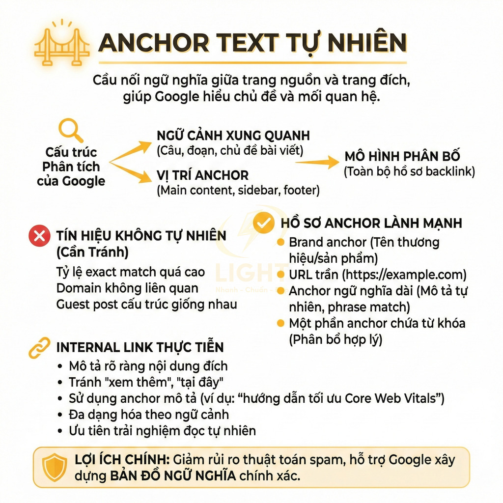 Infographic hướng dẫn tối ưu anchor text tự nhiên trong SEO, tránh tín hiệu không tự nhiên và xây dựng hồ sơ anchor lành mạnh