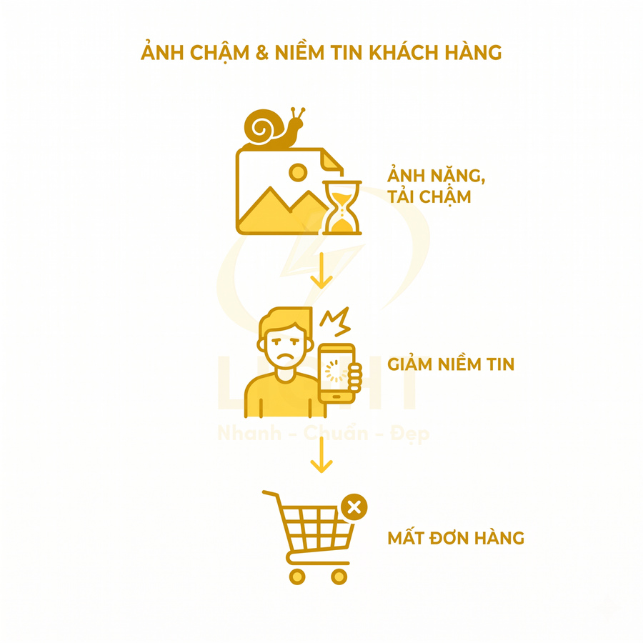 Minh họa ảnh tải chậm khiến khách hàng khó chịu và bỏ giỏ hàng, làm mất đơn hàng cho website bán hàng