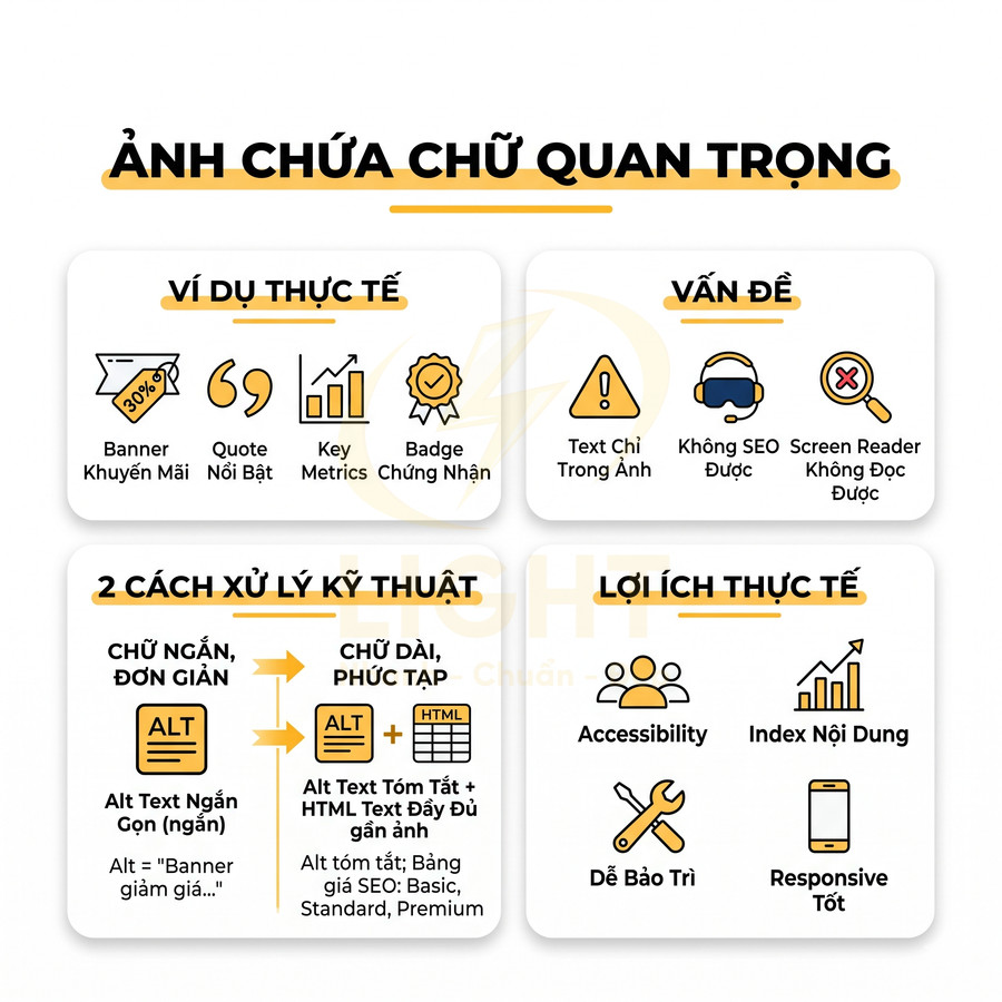 Infographic hướng dẫn tạo alt text cho ảnh chứa chữ quan trọng, nêu ví dụ, vấn đề, cách xử lý và lợi ích SEO