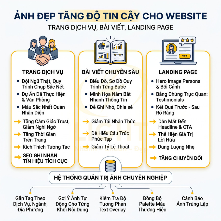 Infographic lợi ích ảnh đẹp cho website dịch vụ, bài viết chuyên sâu và landing page, tăng tin cậy và chuyển đổi