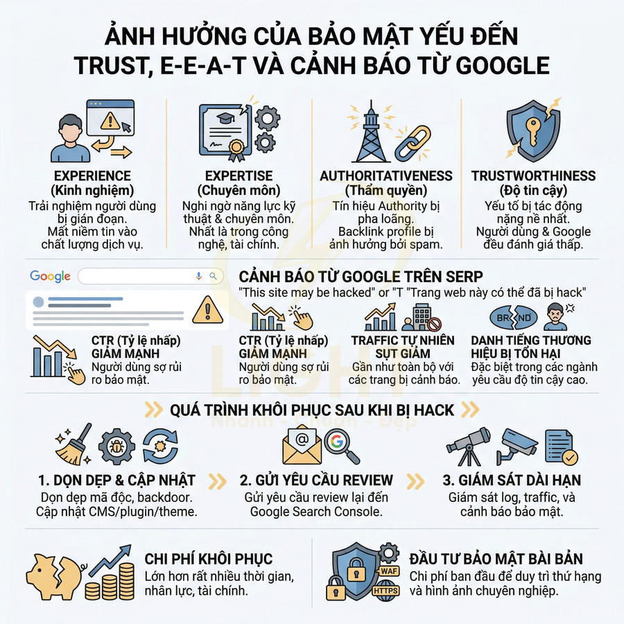 Infographic ảnh hưởng bảo mật tới trust E-E-A-T, cảnh báo Google, CTR, traffic và quy trình khôi phục website bị hack