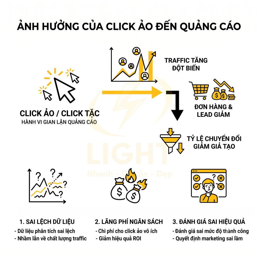 Infographic mô tả tác hại của click ảo đối với quảng cáo online như sai lệch dữ liệu và lãng phí ngân sách