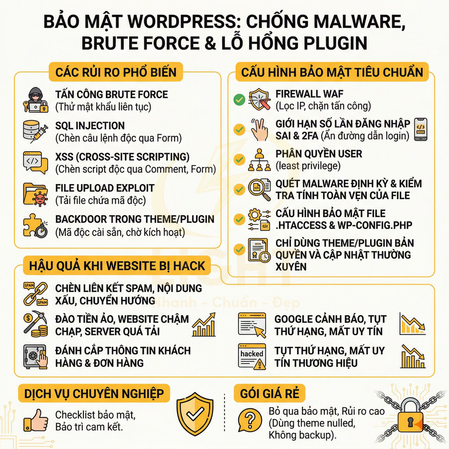 Infographic hướng dẫn bảo mật WordPress chống malware, brute force, lỗ hổng plugin và hậu quả khi website bị hack