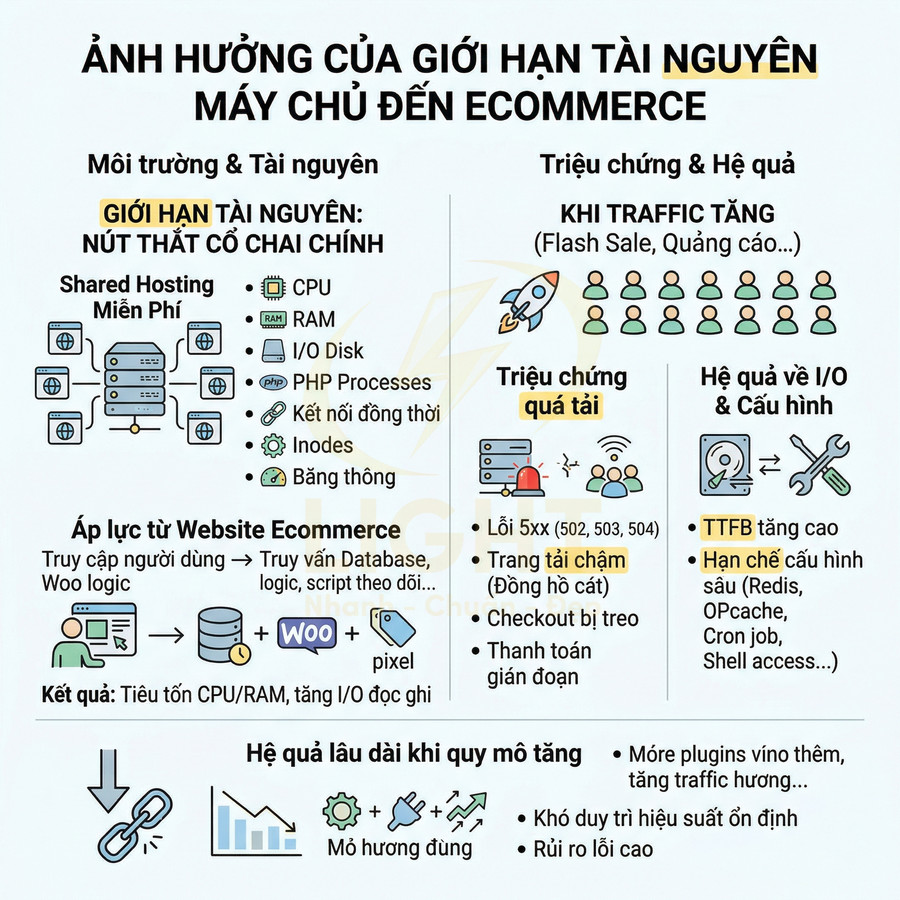 Infographic ảnh hưởng giới hạn tài nguyên máy chủ đến hiệu suất website ecommerce và trải nghiệm người dùng