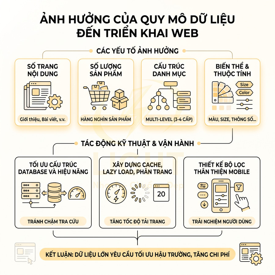 Infographic ảnh hưởng quy mô dữ liệu đến triển khai web và yêu cầu tối ưu hiệu năng, trải nghiệm người dùng