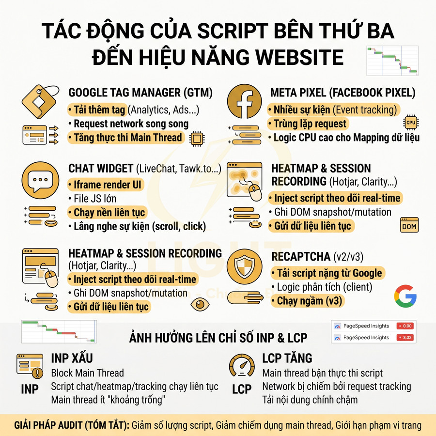 Infographic tiếng Việt về tác động của script bên thứ ba đến hiệu năng website và chỉ số INP, LCP