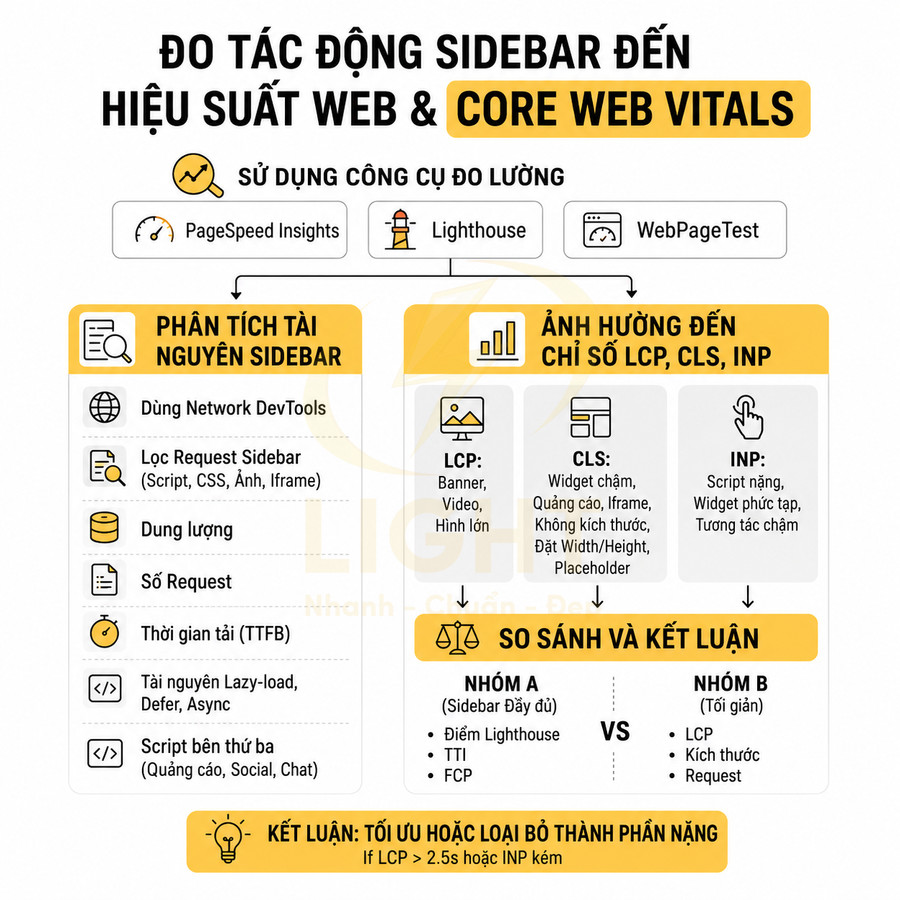 Infographic phân tích tác động sidebar đến hiệu suất web và Core Web Vitals LCP CLS INP và gợi ý tối ưu hóa