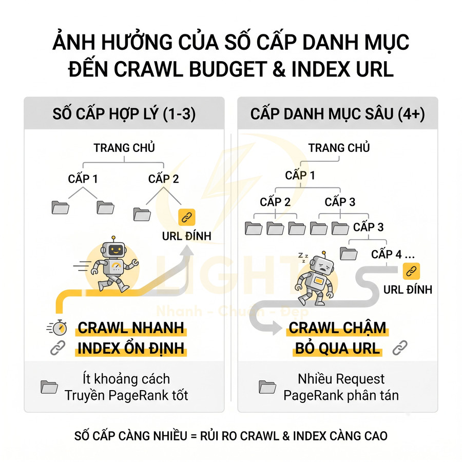 So sánh số cấp danh mục ảnh hưởng đến crawl budget và index URL trong cấu trúc website SEO