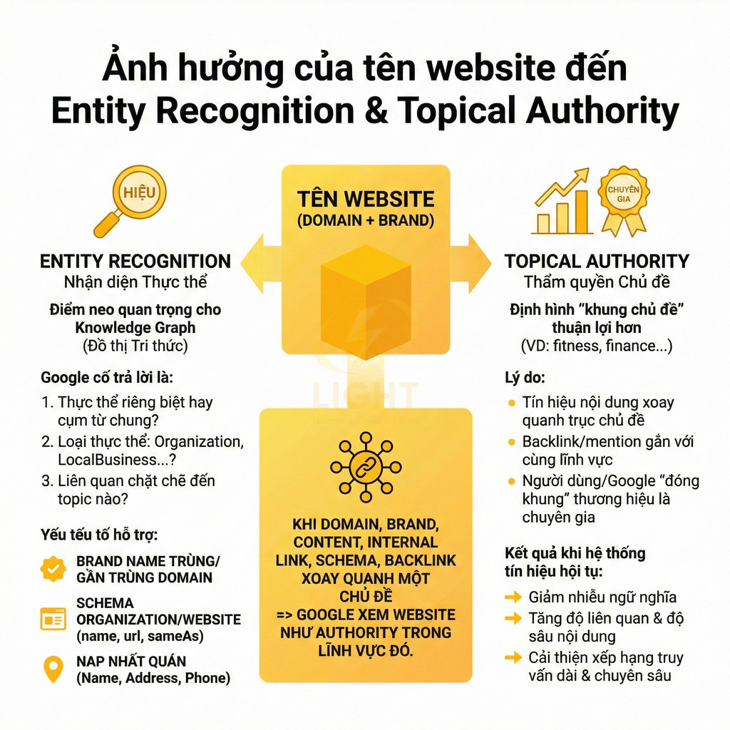 Infographic ảnh hưởng tên website đến Entity Recognition và Topical Authority trong SEO