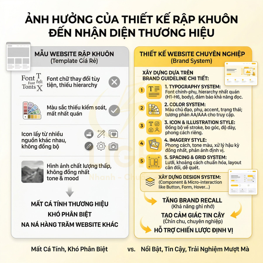 So sánh website thiết kế rập khuôn và thiết kế chuyên nghiệp, nhấn mạnh hệ thống nhận diện thương hiệu và trải nghiệm người dùng