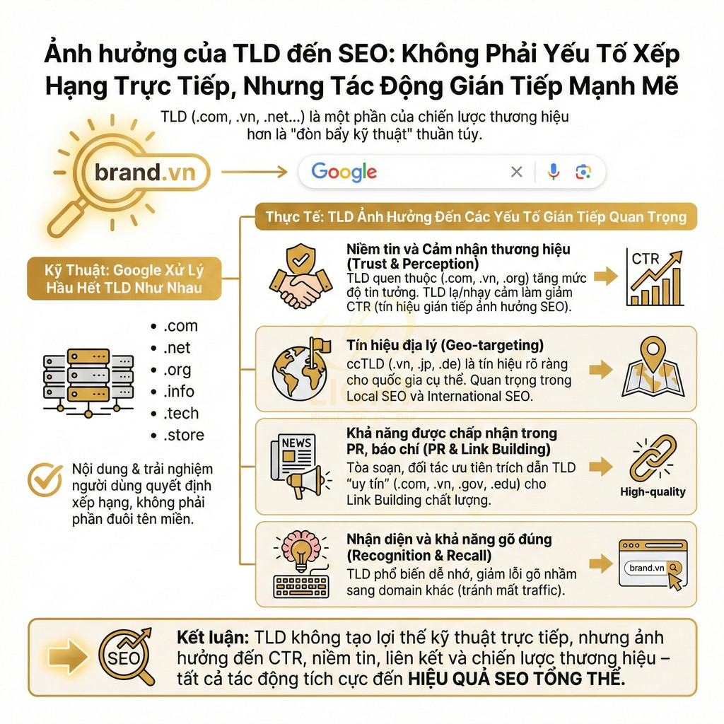 Infographic ảnh hưởng của tên miền TLD đến SEO, giải thích tác động gián tiếp tới CTR, niềm tin và hiệu quả thương hiệu