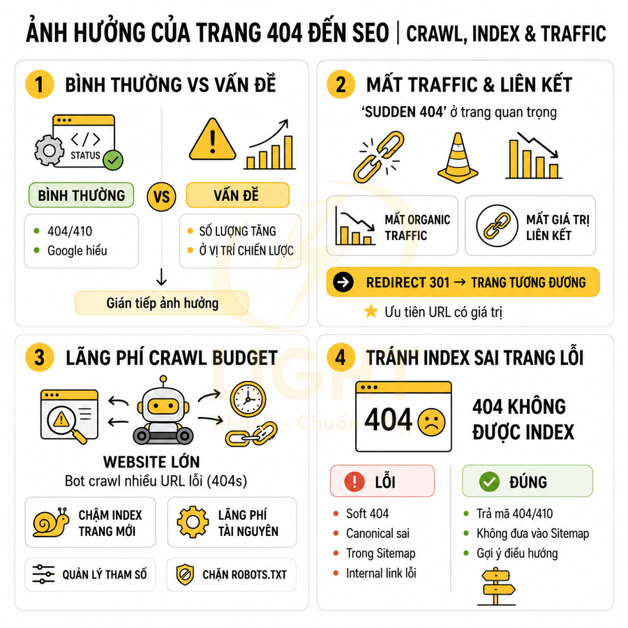 Ảnh minh họa ảnh hưởng của trang lỗi 404 đến SEO về crawl index traffic và cách xử lý đúng