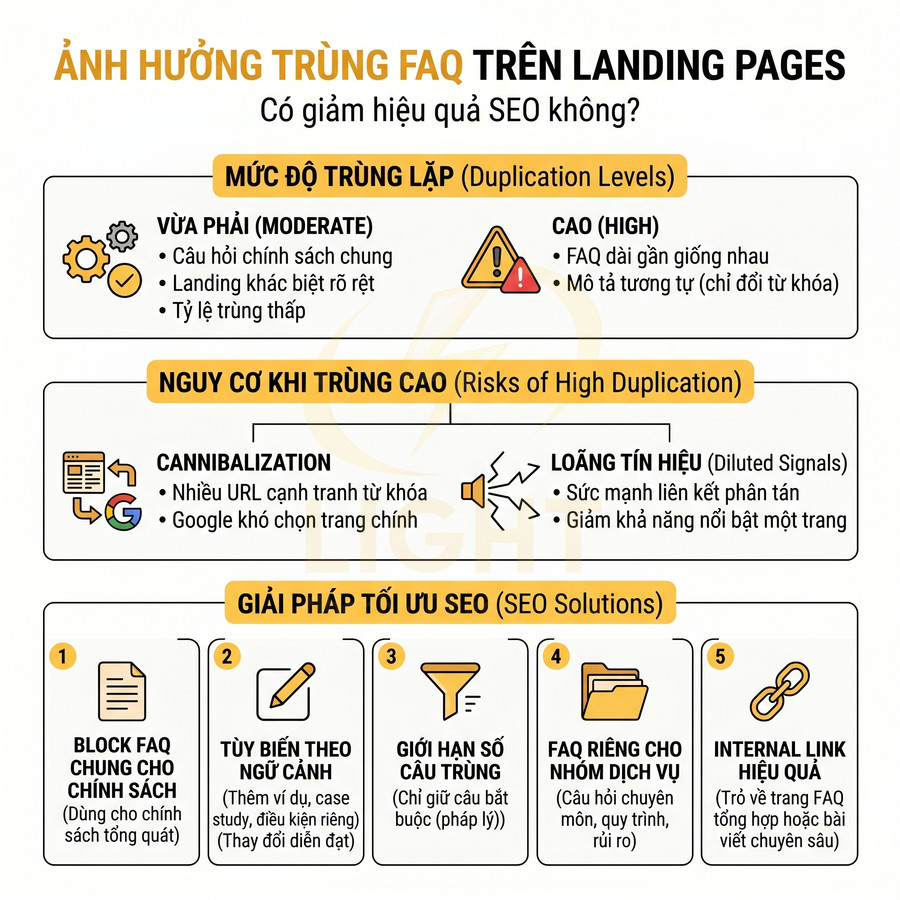 Infographic giải thích ảnh hưởng trùng lặp FAQ trên landing page đến SEO và các giải pháp tối ưu hóa
