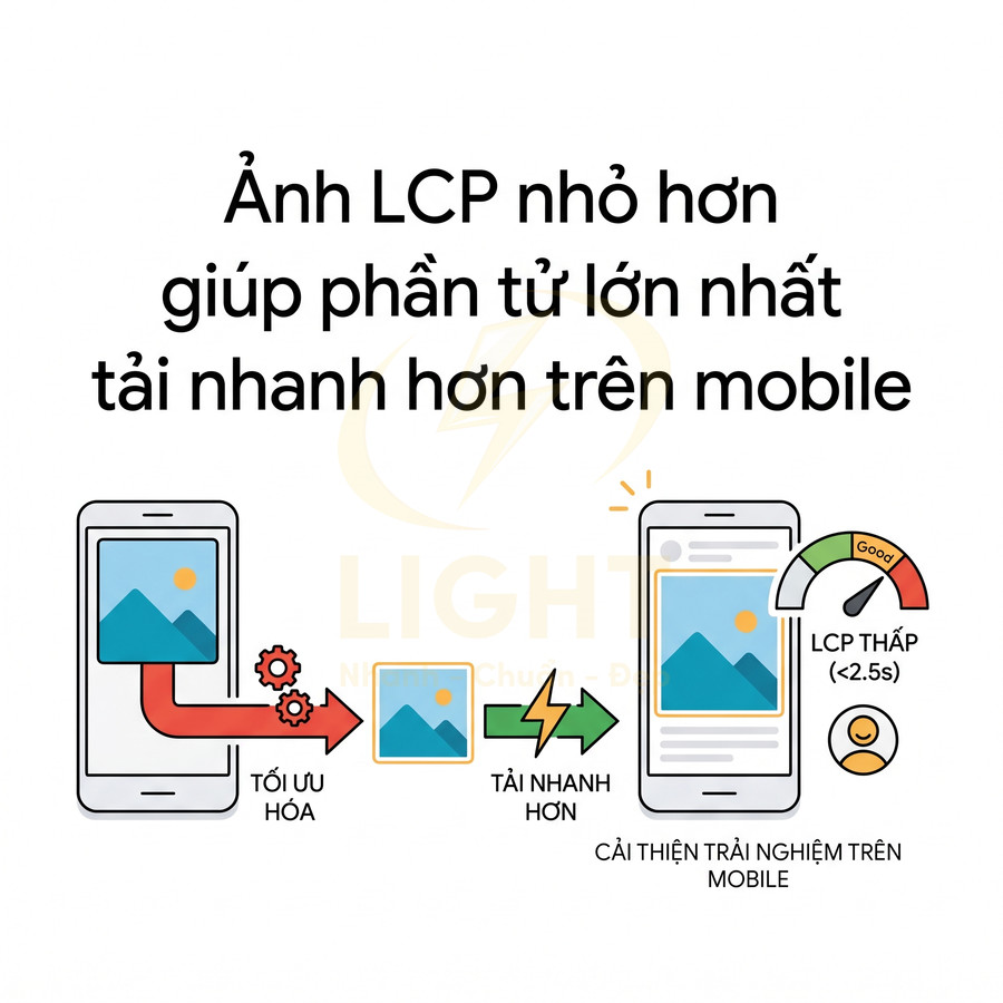 Minh họa tối ưu ảnh LCP nhỏ hơn giúp tải nhanh hơn và cải thiện trải nghiệm người dùng trên mobile