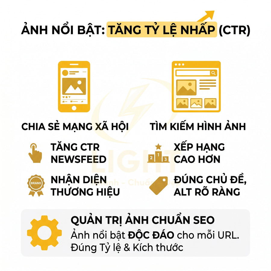 Infographic lợi ích ảnh nổi bật chuẩn SEO giúp tăng CTR, nhận diện thương hiệu và xếp hạng tìm kiếm hình ảnh