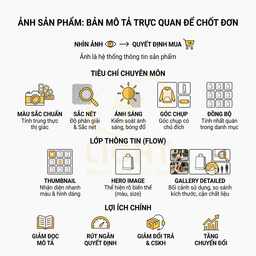 Infographic hướng dẫn chụp ảnh sản phẩm chuẩn màu sắc, ánh sáng, góc chụp và lợi ích tăng chuyển đổi bán hàng