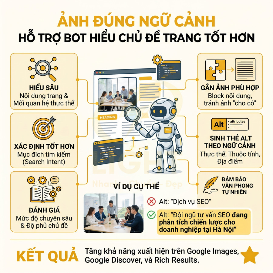 Hướng dẫn tối ưu thẻ alt và chọn ảnh đúng ngữ cảnh để cải thiện SEO và khả năng hiểu nội dung của bot