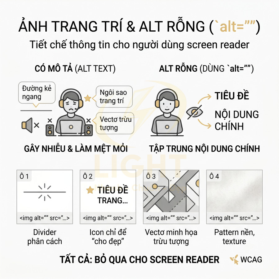Hướng dẫn dùng ảnh trang trí với thuộc tính alt rỗng để giảm nhiễu cho người dùng screen reader
