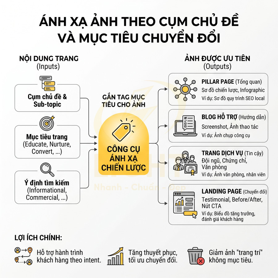 Infographic quy trình ánh xạ ảnh theo cụm chủ đề và mục tiêu chuyển đổi trong chiến lược SEO nội dung
