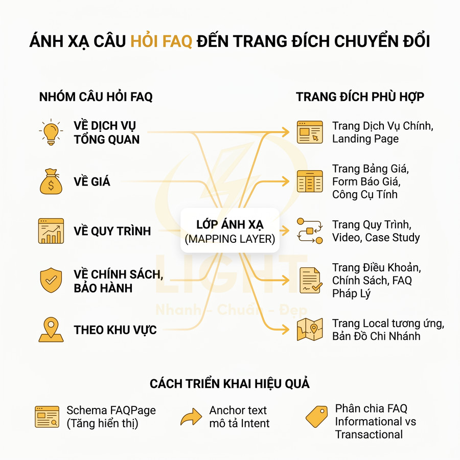 Sơ đồ ánh xạ câu hỏi FAQ sang các trang đích chuyển đổi và cách triển khai SEO hiệu quả