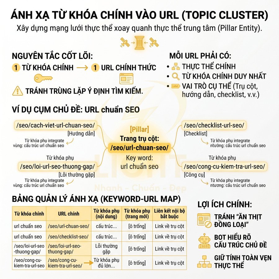 Sơ đồ hướng dẫn ánh xạ từ khóa chính vào URL chuẩn SEO và xây dựng topic cluster cho website
