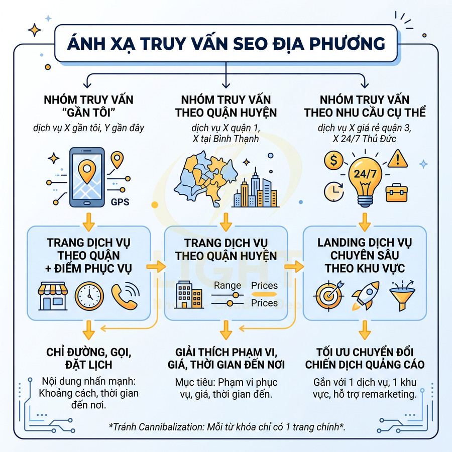 Sơ đồ ánh xạ truy vấn SEO địa phương với nhóm truy vấn gần tôi, theo quận huyện và theo nhu cầu cụ thể