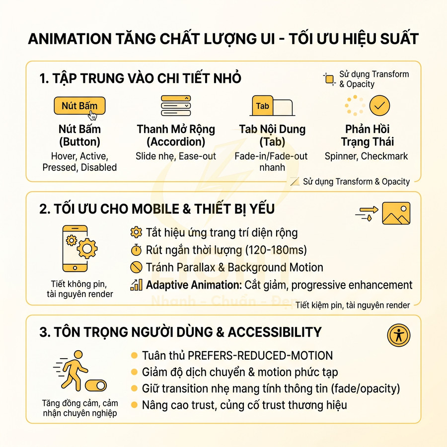 Infographic hướng dẫn dùng animation tăng chất lượng UI, tối ưu hiệu suất, mobile và accessibility