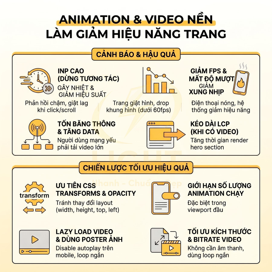 Infographic về tác động của animation và video nền đến hiệu năng website và các chiến lược tối ưu tốc độ tải trang