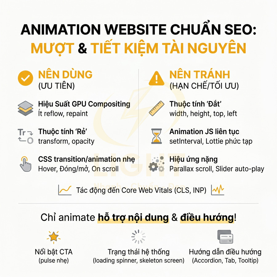 Hướng dẫn tối ưu animation website chuẩn SEO, nên dùng hiệu ứng nhẹ và tránh hiệu ứng nặng tốn tài nguyên
