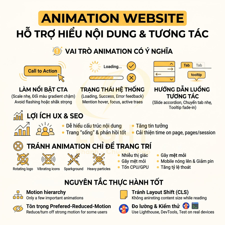 Infographic hướng dẫn dùng animation trên website để làm nổi bật CTA, trạng thái hệ thống và cải thiện UX SEO