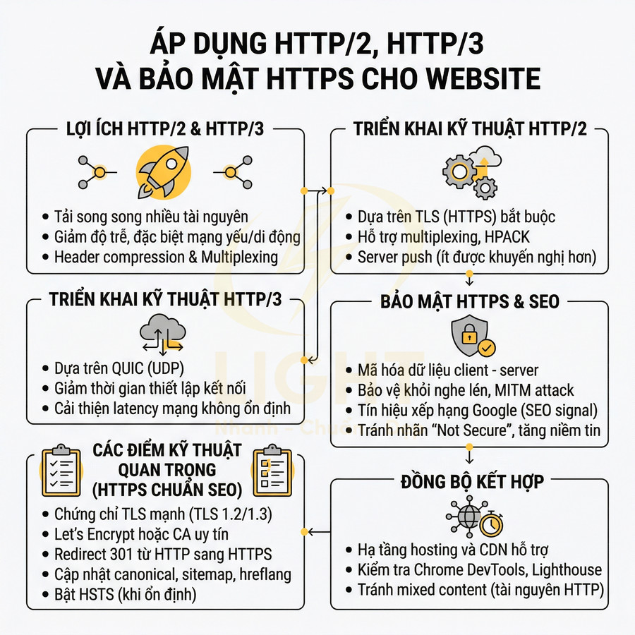 Infographic hướng dẫn áp dụng HTTP2, HTTP3 và bảo mật HTTPS chuẩn SEO cho website