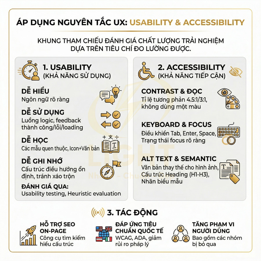 Infographic nguyên tắc UX về usability và accessibility, hướng dẫn tối ưu trải nghiệm người dùng và hỗ trợ SEO