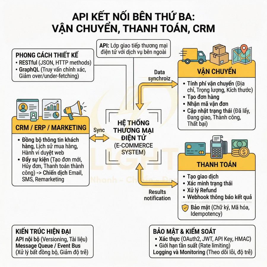 Sơ đồ API kết nối hệ thống thương mại điện tử với vận chuyển, thanh toán, CRM và các thành phần bảo mật