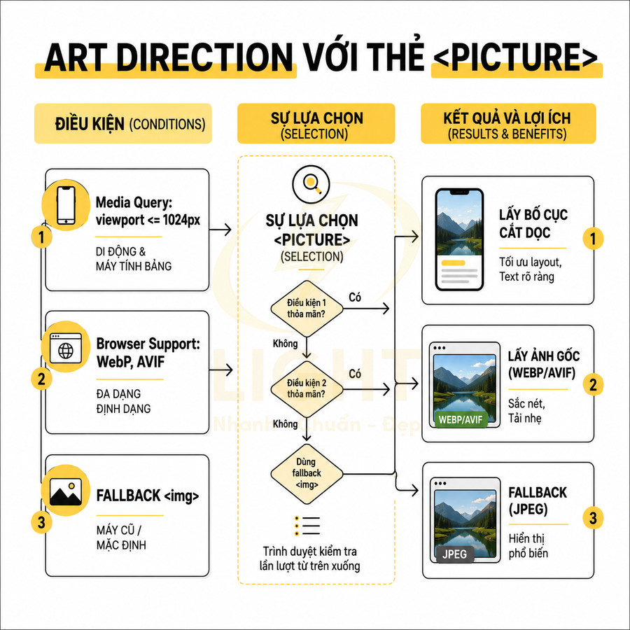 Sơ đồ art direction với thẻ picture giải thích điều kiện, lựa chọn ảnh WebP AVIF và fallback JPEG trên trình duyệt