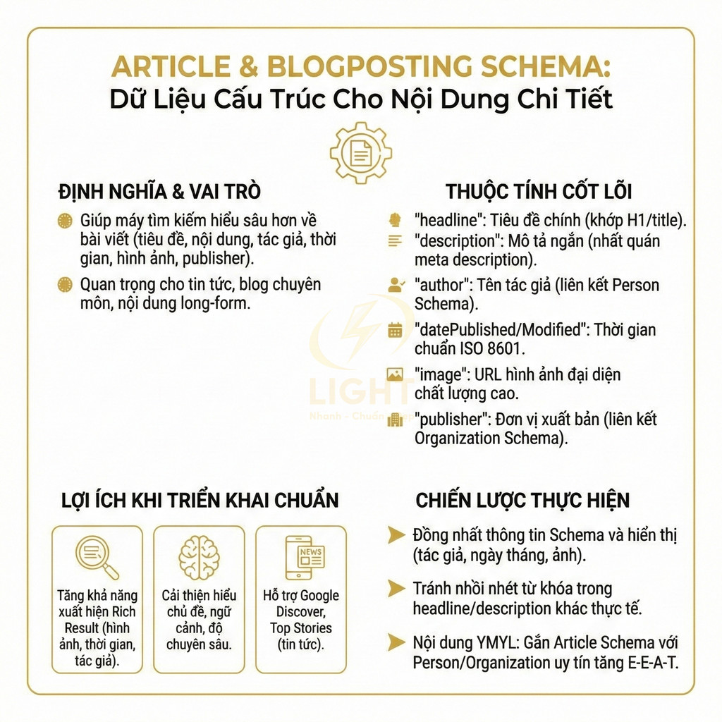 Infographic hướng dẫn triển khai Article và BlogPosting Schema cho nội dung chi tiết chuẩn SEO