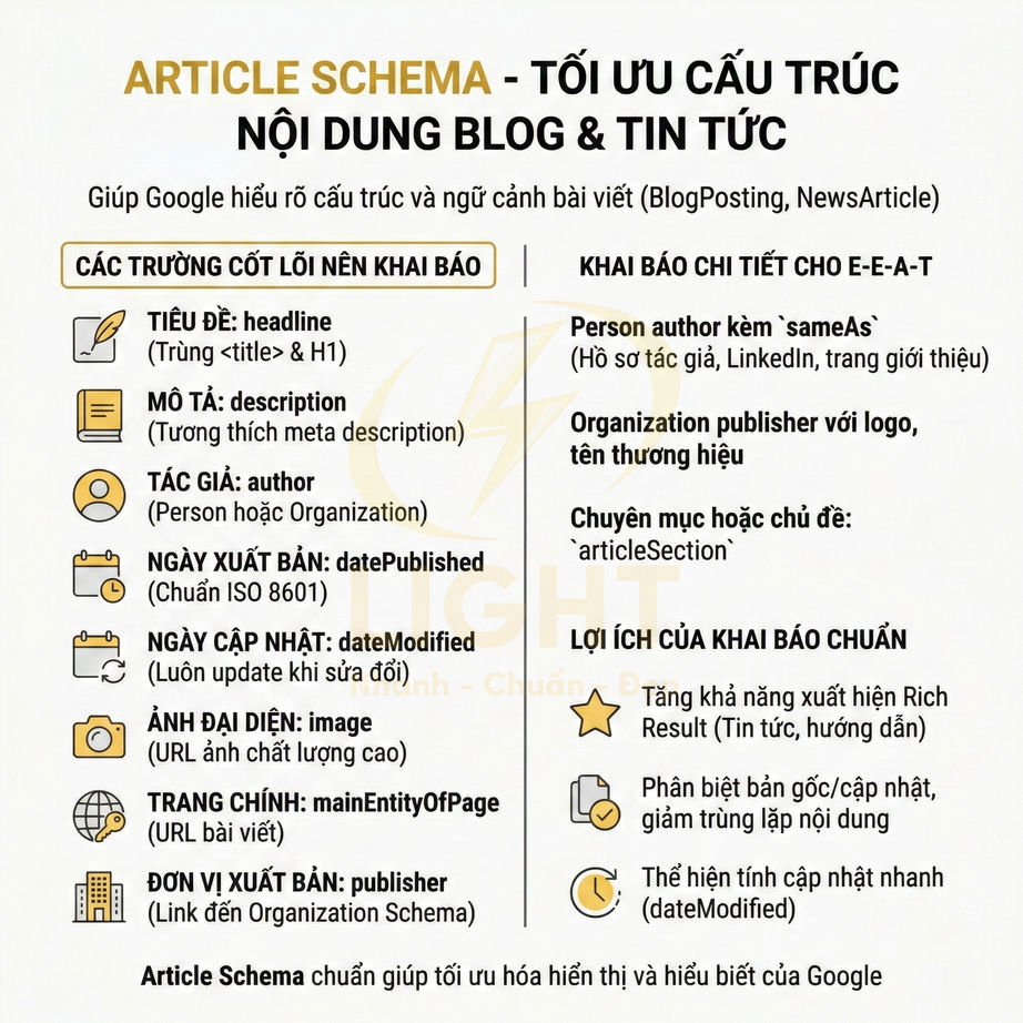 Article Schema tối ưu cấu trúc nội dung blog tin tức với các trường headline description author datePublished dateModified