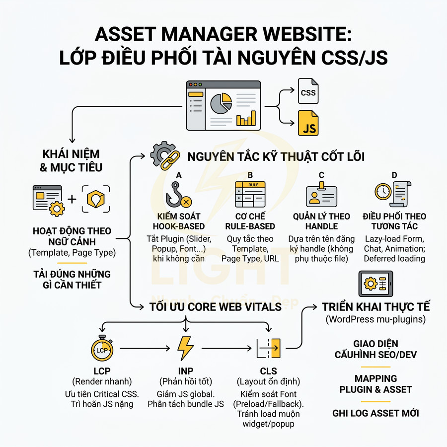 Sơ đồ Asset Manager Website điều phối tài nguyên CSS JS tối ưu Core Web Vitals và cấu hình trên WordPress