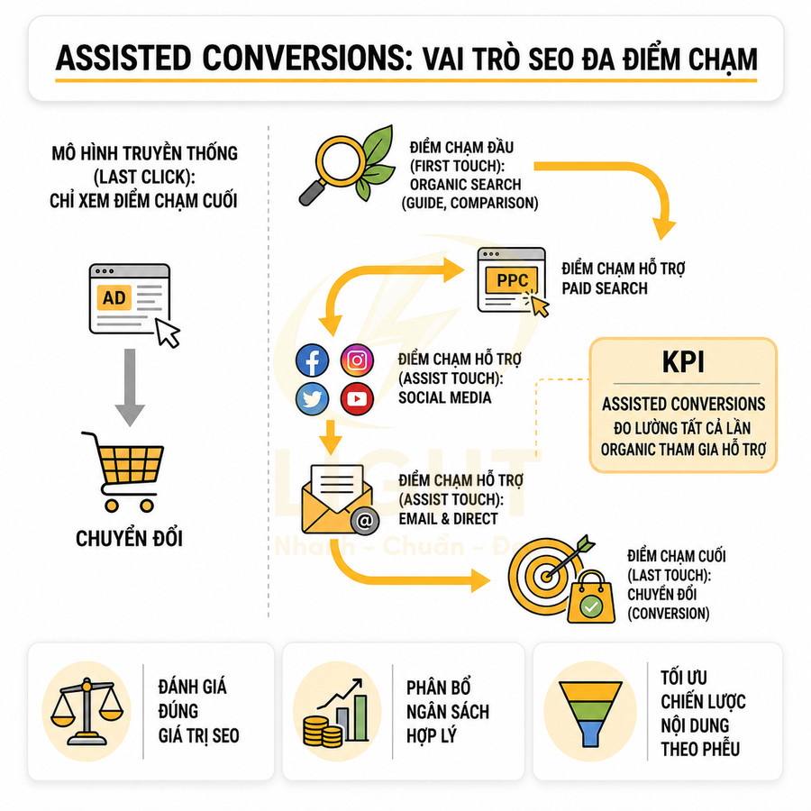 Infographic mô tả vai trò SEO đa điểm chạm trong assisted conversions và các kênh marketing hỗ trợ chuyển đổi