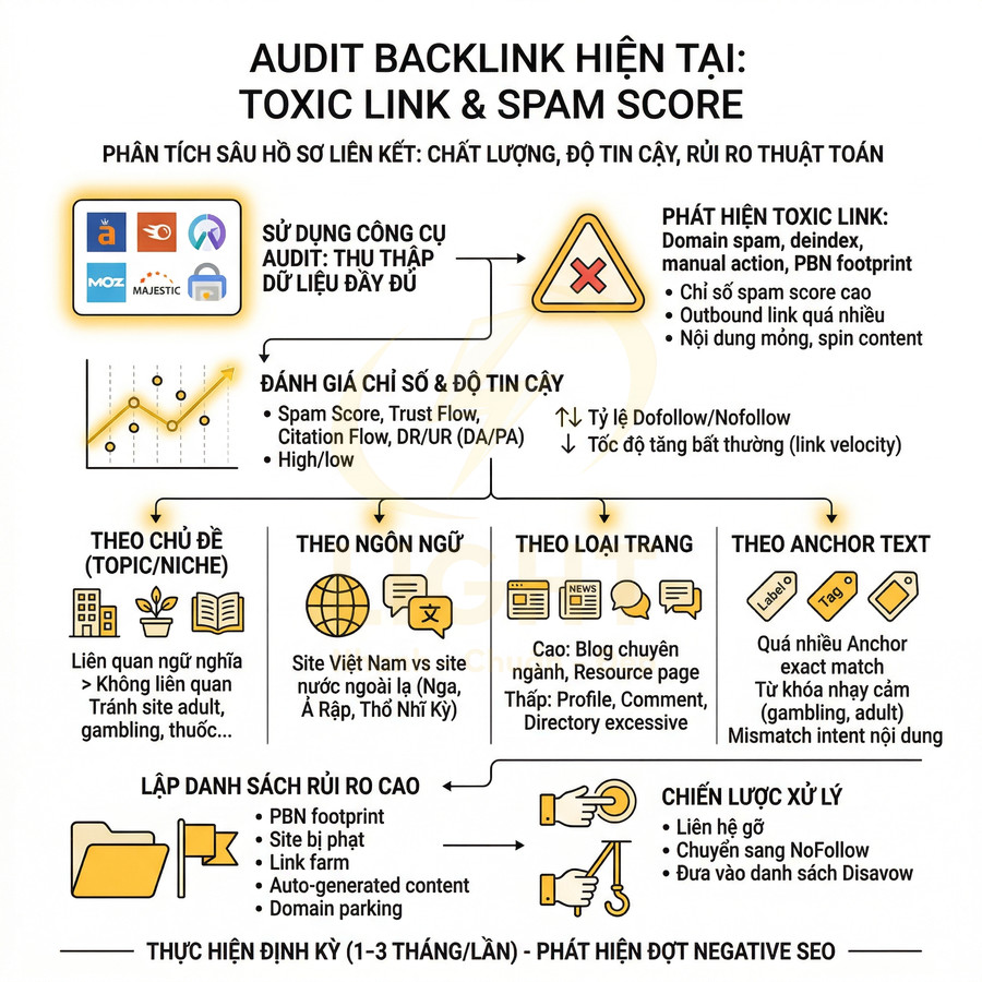 Quy trình audit backlink hiện tại phân tích toxic link và spam score với các bước đánh giá và xử lý rủi ro SEO