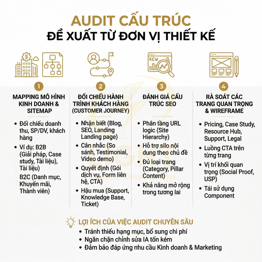 Nội dung quy trình audit cấu trúc website từ đơn vị thiết kế với các bước mapping, customer journey, SEO và wireframe